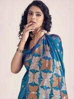 Bright Teal Blue Soft Banarasi Silk Saree